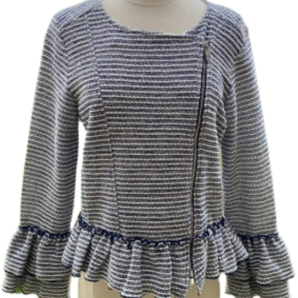 BANANA REPUBLIC NAVY & WHITE BOUCLE' RUFFLE ZIPPER JACKET SIZE 2